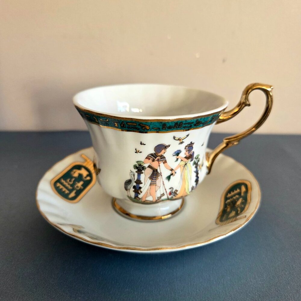 Vintage Fine Royal Porcelain Sculpture Egyptian Theme Tea Cup and Saucer.